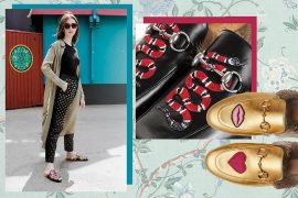 lady fur wearing gucci fur slippers in Milan