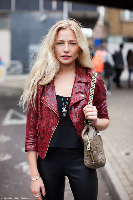 blonde woman with real leather coat